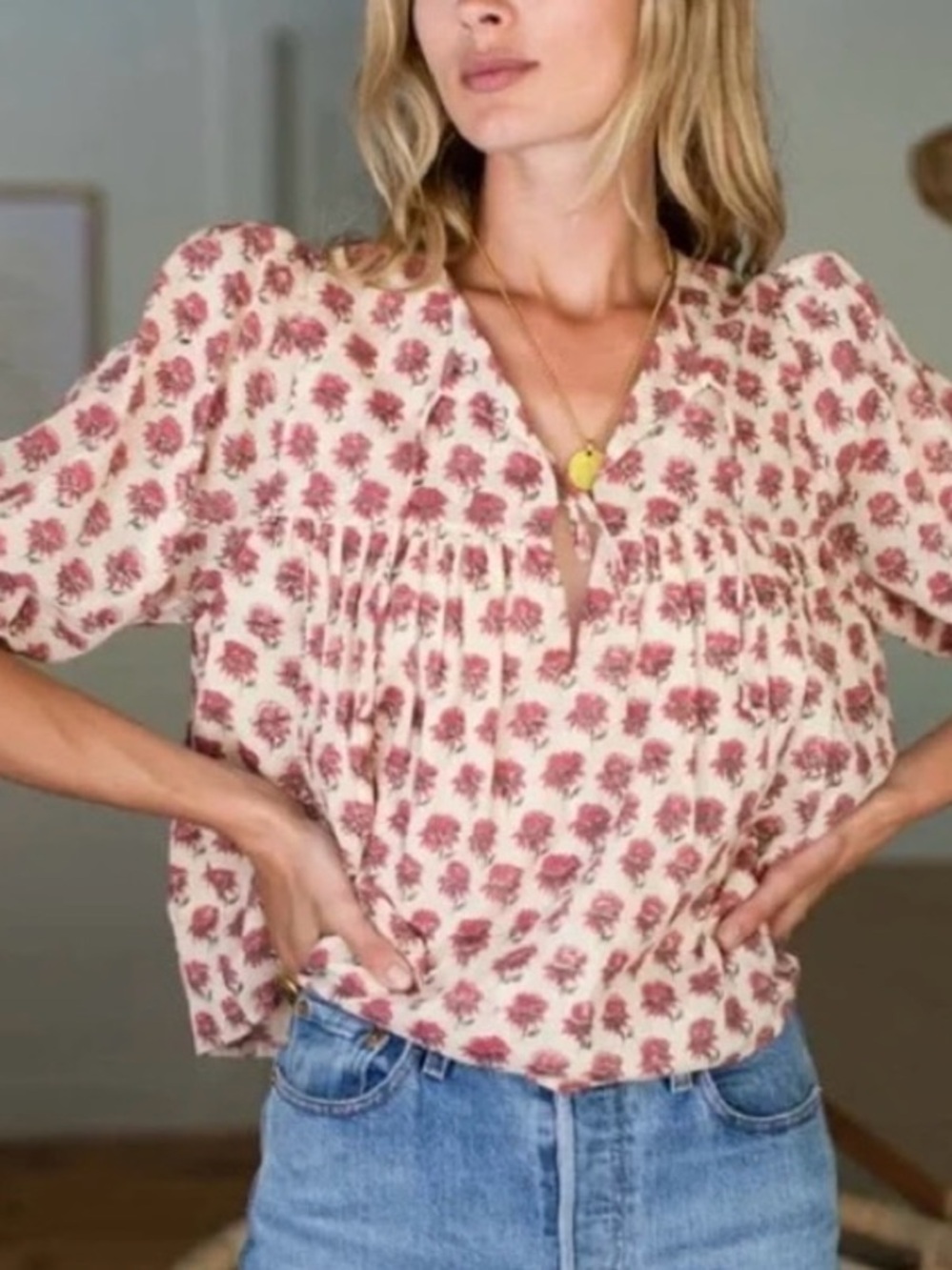 Emerson Fry Alma Cream Blouse with Pink Floral Print